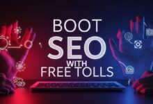 Illustration showing free SEO tools and backlink strategies for improving search engine rankings and website optimization