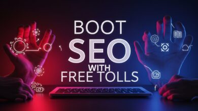 Illustration showing free SEO tools and backlink strategies for improving search engine rankings and website optimization