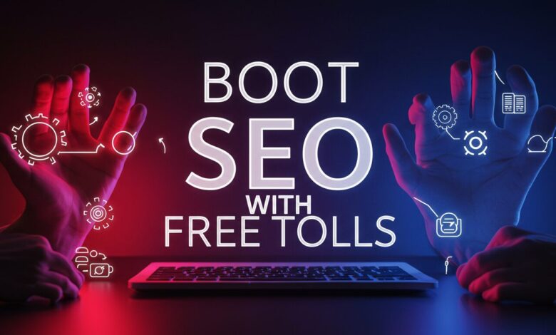 Illustration showing free SEO tools and backlink strategies for improving search engine rankings and website optimization