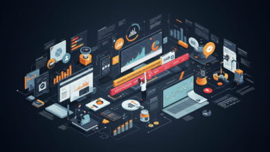 SEO tools, charts, graphs, and devices visualizing data and strategies for mastering professional SEO in 2025.
