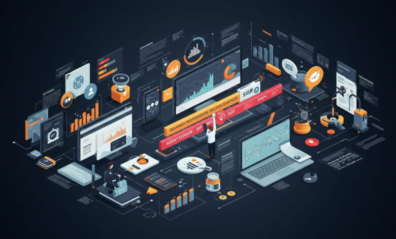 SEO tools, charts, graphs, and devices visualizing data and strategies for mastering professional SEO in 2025.