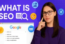 SEO infographic showing the concept of search engine optimization with icons for Google, ranking, backlinks, keywords, and algorithms on a purple gradient background.