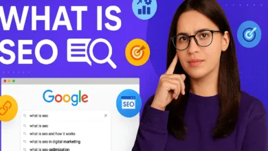 SEO infographic showing the concept of search engine optimization with icons for Google, ranking, backlinks, keywords, and algorithms on a purple gradient background.