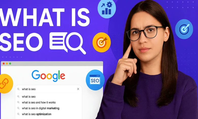 SEO infographic showing the concept of search engine optimization with icons for Google, ranking, backlinks, keywords, and algorithms on a purple gradient background.
