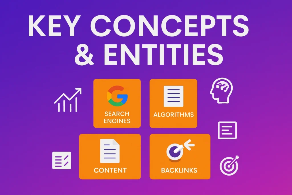 Infographic titled Key Concepts and Entities in SEO with icons for search engines, Google, Bing, algorithms, SERP, content, keywords, backlinks, crawling, indexing, ranking factors, and meta tags on a colorful gradient background.