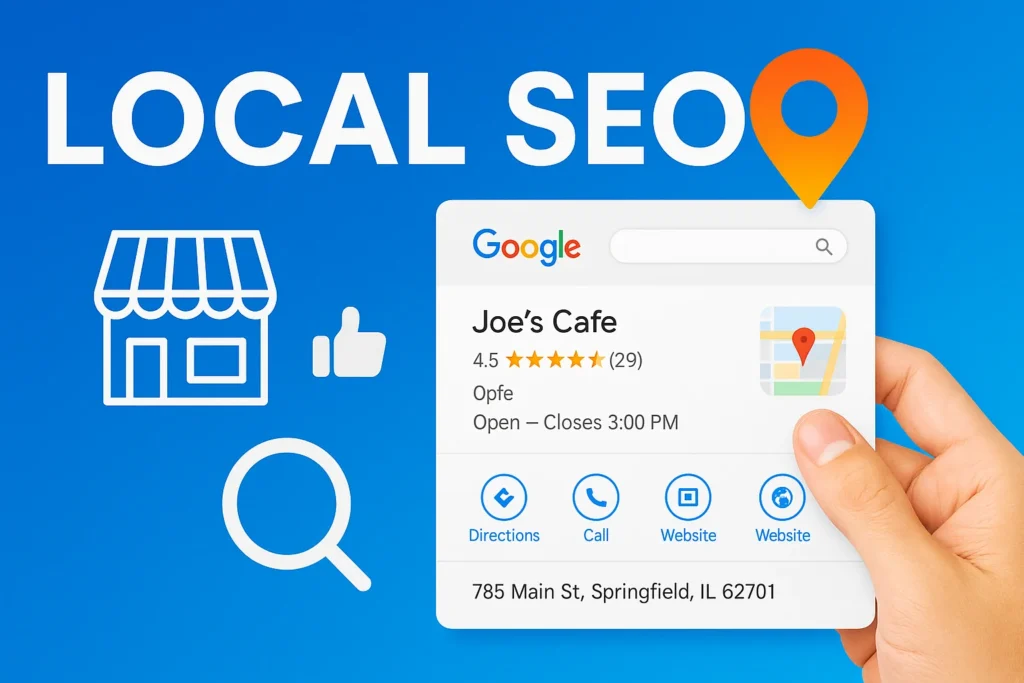 Local SEO infographic showing a Google Business Profile dashboard with business details, customer reviews, map pin, and icons for directions, calls, and website — illustrating what is local SEO optimization for improving local search visibility in 2025.